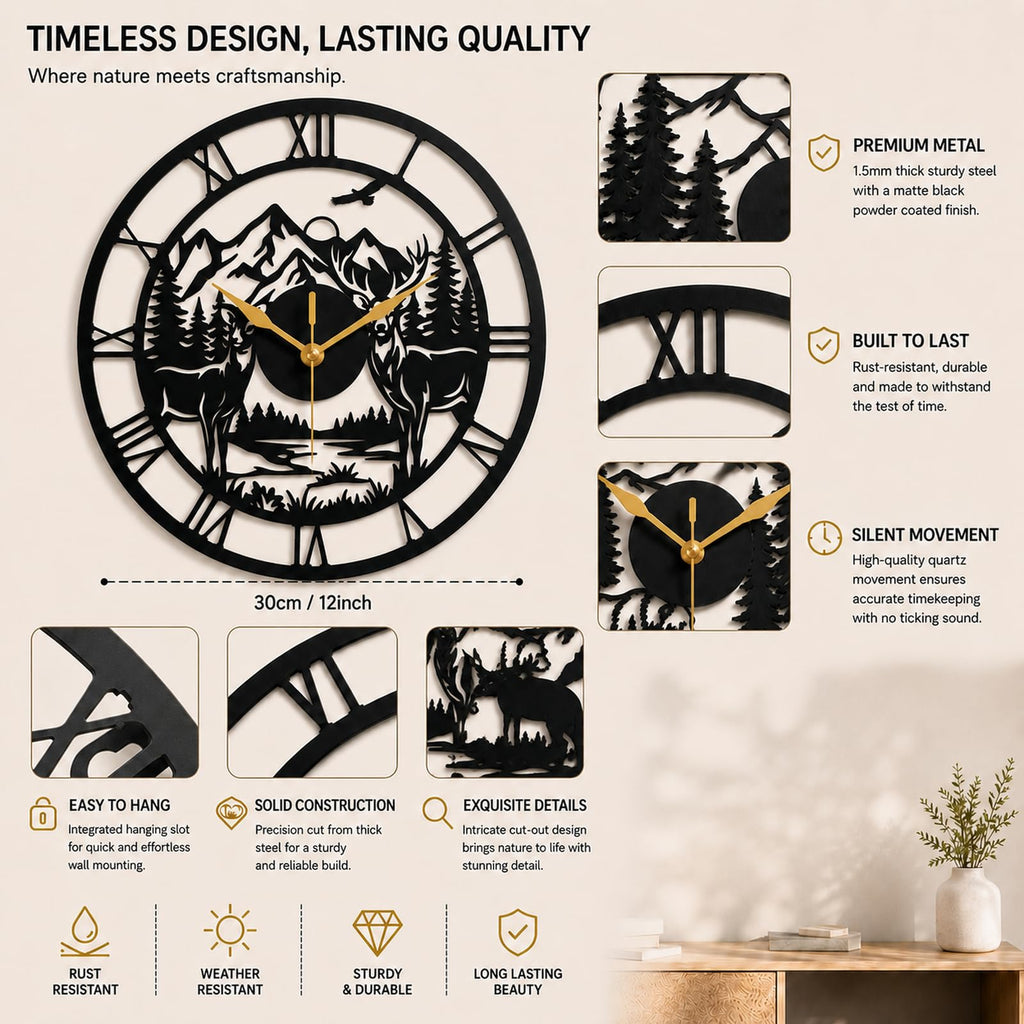 Deer Wall Clock Metal Wall Clock, Rustic Wall Clock Decor, Farmhouse Wall Clock with Deer Mountain Forest Design