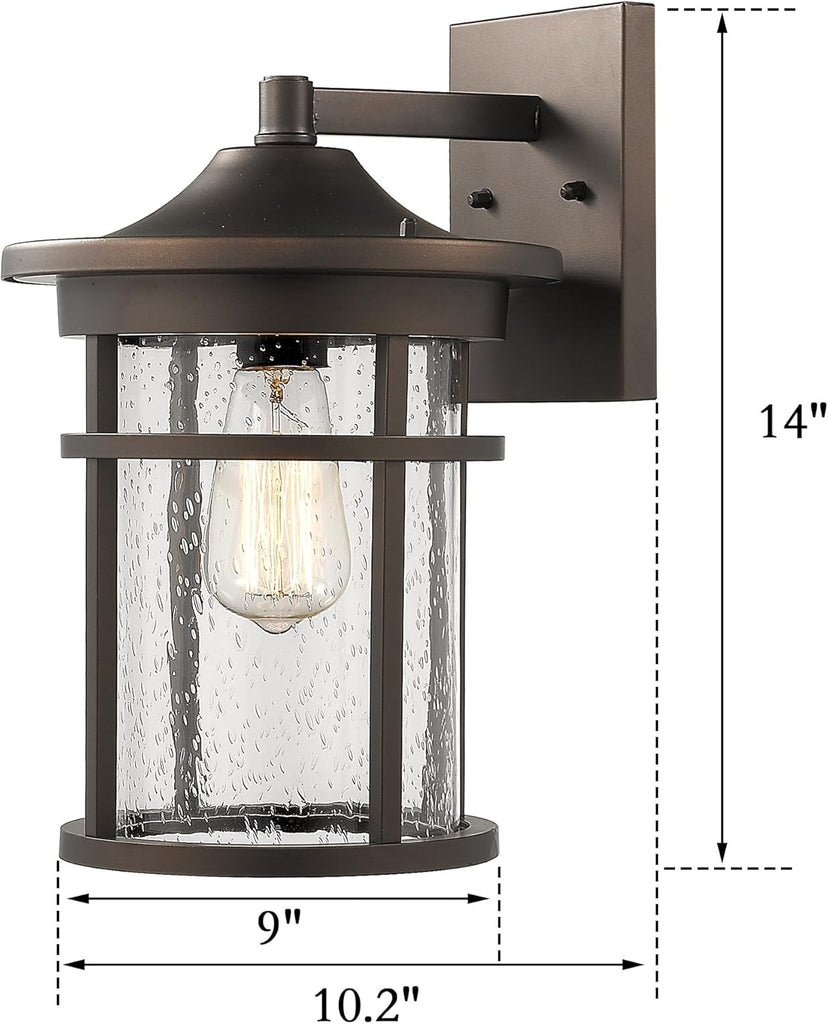 Outdoor Wall Mount Light Fixture, Large Exterior Porch Wall Lantern, Outdoor Wall Light with Seeded Glass Shade (Oil Rubbed Bronze, 14" Height)