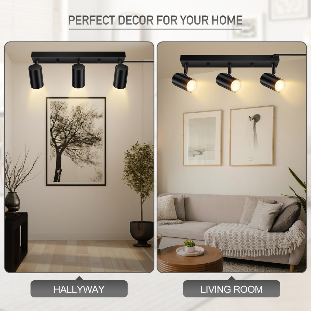 LED Track Lighting Ceiling Fixtures, Black 3-Light Plug in Track Lights, 3 Way Ceiling Spotlight, 15 FT