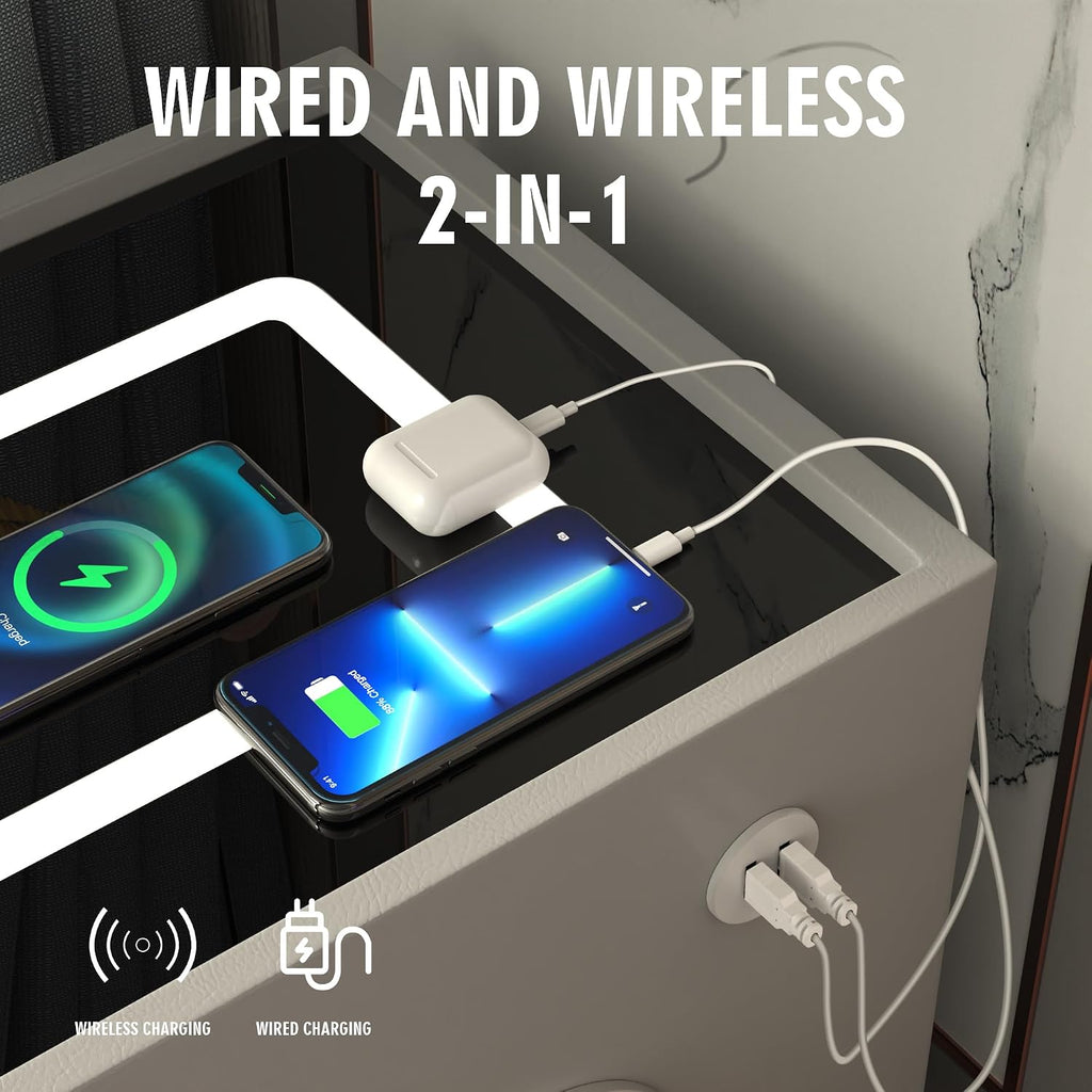 Grey Night Stand with Wireless Charging Station, Nightstand with 2 Drawers, Smart Bedside Table with 3 Lighting and