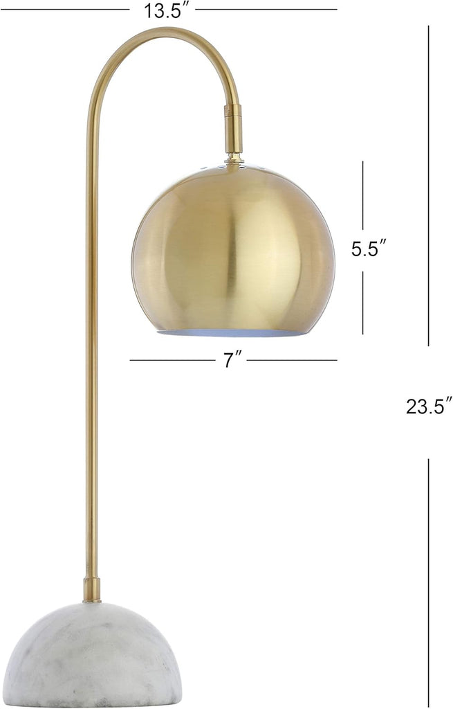 23.5" Brass Gold and White Stephen Metal and Marble LED Table Lamp, Modern Arched Task Lamp Bedroom Office
