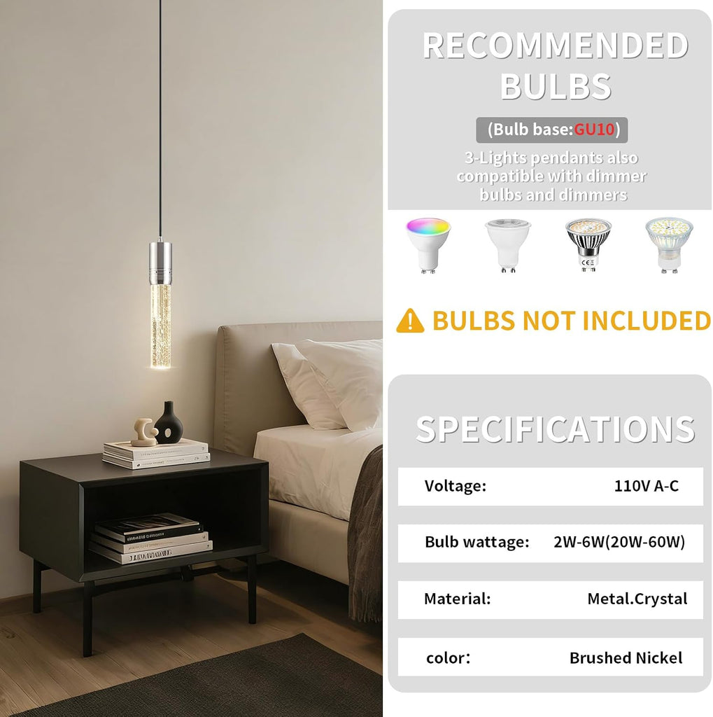 Brushed Nickel Pendant Lights Kitchen Island, Crystal Bubble Pendant Lights, Adjustable Modern Pendant Light Fixtures