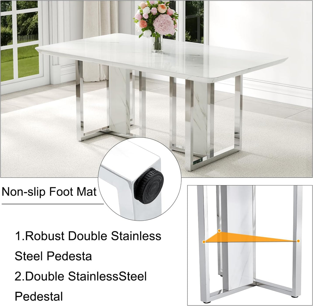 67 Inch Faux Marble Dining Table, White Rectangular Kitchen Dining Table, 1.8 Inch Thick Mid Century Modern Dining