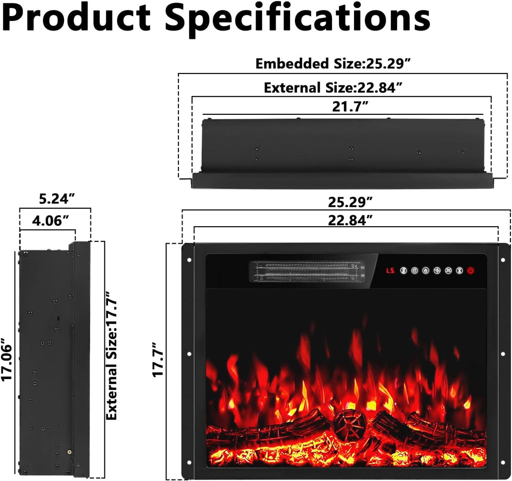23 inch Electric Fireplace Insert Heater, Recessed Mounted Fireplace with Remote & Control Panel