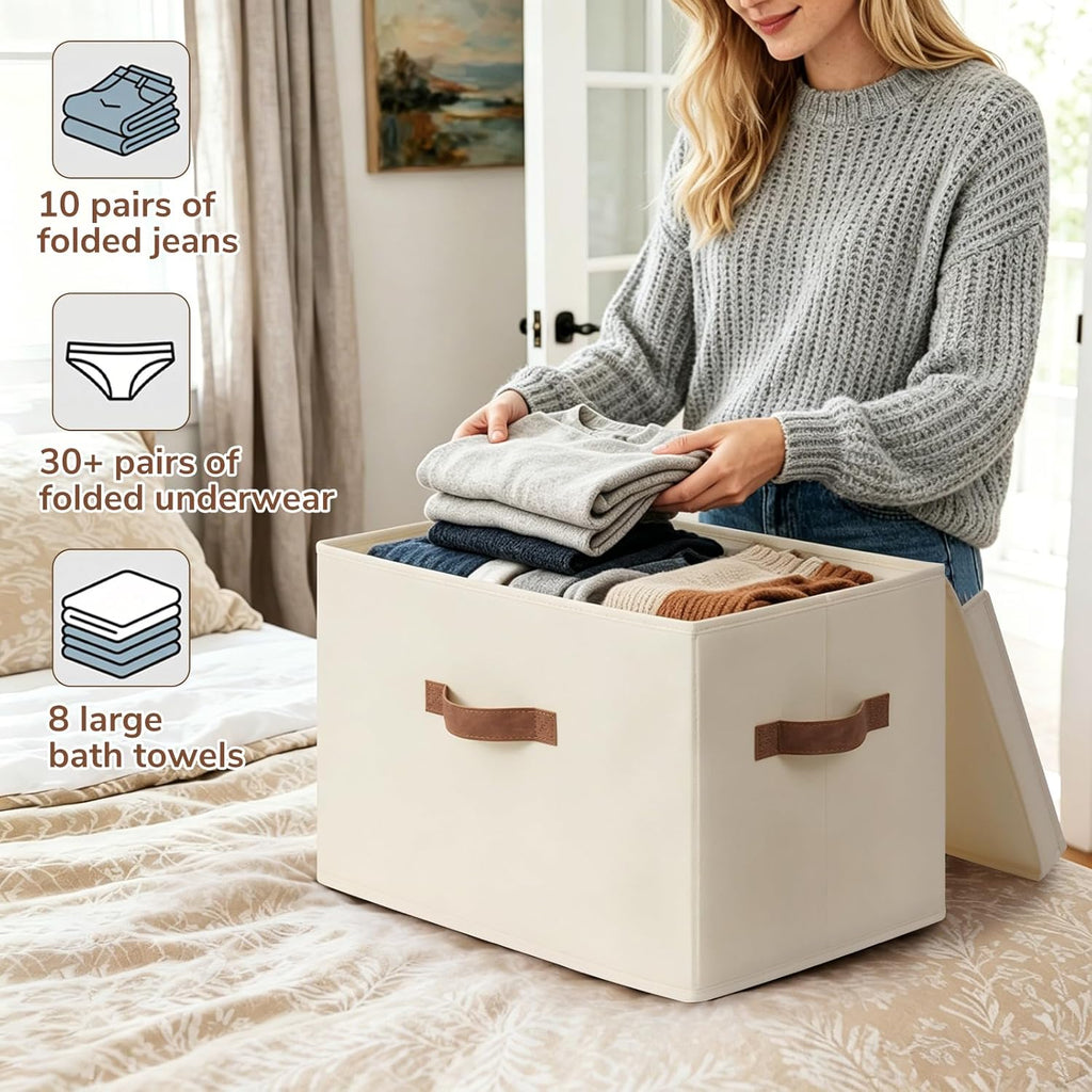 4-Pack Large Fabric Storage Bins with Lids for Shelves, Ivory | 17.1" x 11.2" x 11.6" Decorative Storage Boxes with