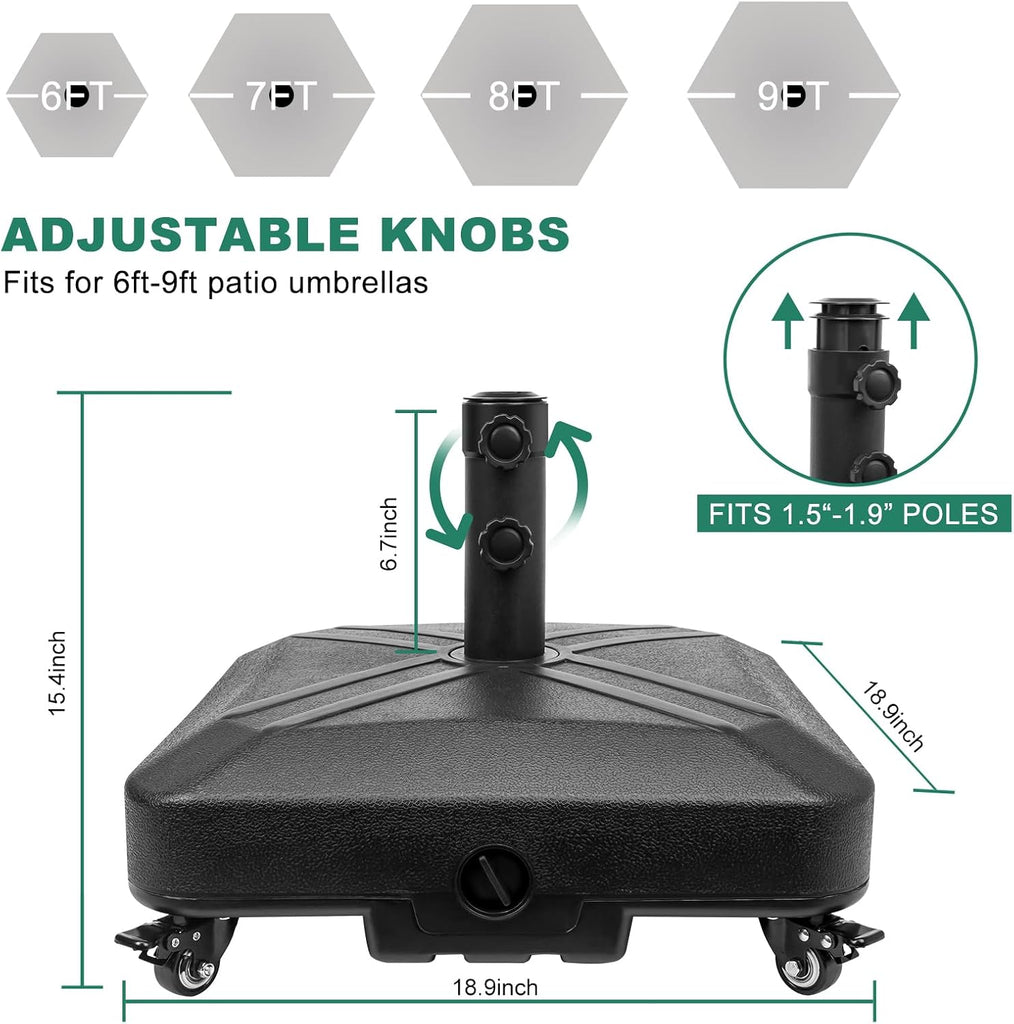 Patio Umbrella Base Heavy Duty with Wheels Square Market Stand 4 Locks 2 Knobs 125lb Capacity, Black