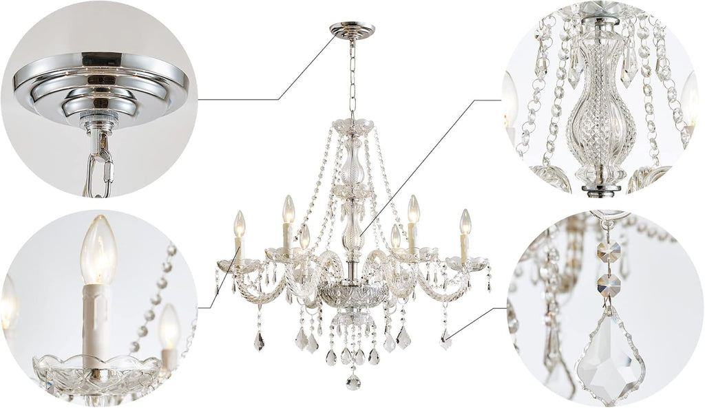 6 Light Chandelier Modern K9 Crystal Chandelier Lighting, Clear Crystal Ceiling Light Fixture Pendant Lamp for Dining Room Bathroom Bedroom Livingroom