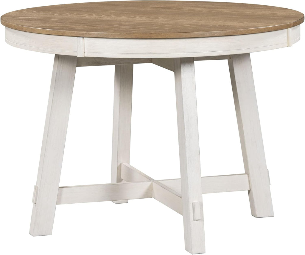 42"-58" Farmhouse Extendable Dining Table for 4-6, Solid Wood Round Dining Table with 16" Leaf & X-Shaped Base