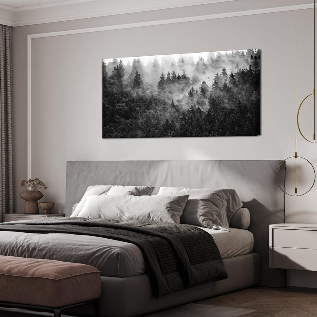 Black and White Misty Foggy Mountain Landscape Canvas Wall Art - Breathtaking Scene of Fir Forest in Hipster Style
