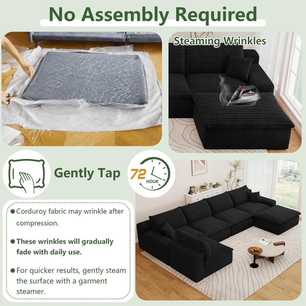 136" Cloud Couch Modular Sectional Sofa, U-Shape Boneless Couch with Deep Seat, Modern Corduroy 5-Seater with