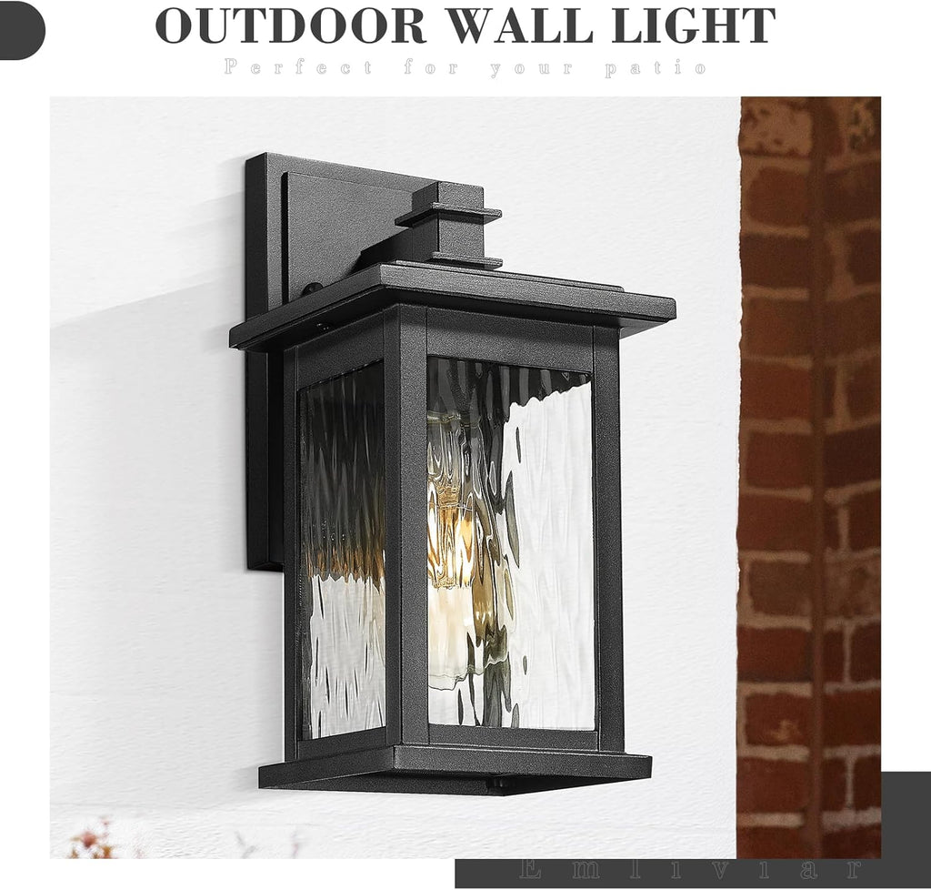 2-Pack Farmhouse Outdoor Wall Lights, 12 Inch Exterior Lights Fixture for House, Black Finish with Water Ripple Glass