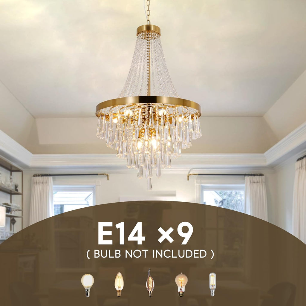 Gold Crystal Chandelier Light, 9-Lights French Empire Chandeliers Lighting for High Ceiling Hanging Pendant for Dining Living Room Foyer Kitchen Bedroom Entryway, Brushed Brass, Golden