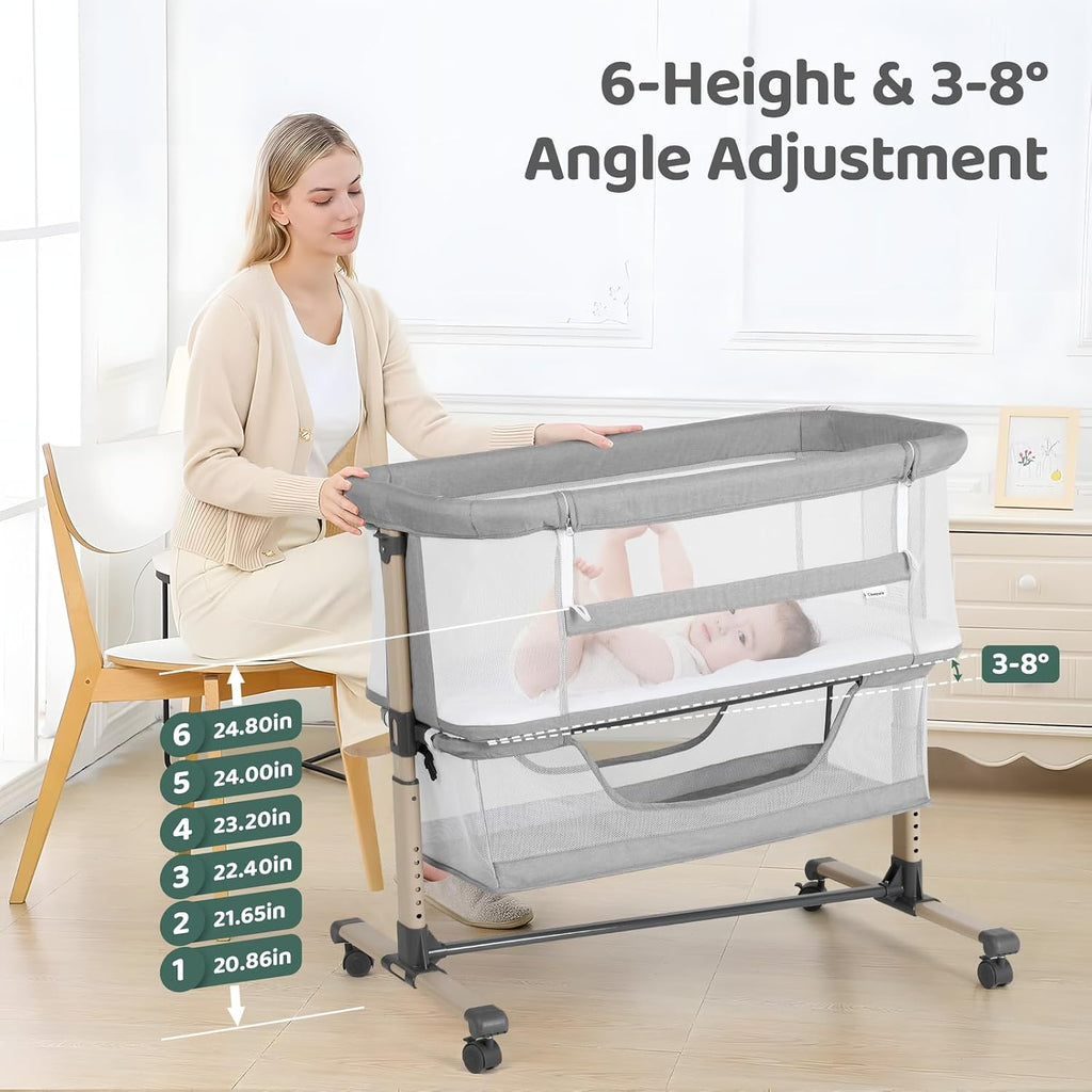 Bassinet Bedside Sleeper, Breathable and Adjustable, Light Grey | 0-5 Months Baby Infant, Co-Sleeping, 6 Heights