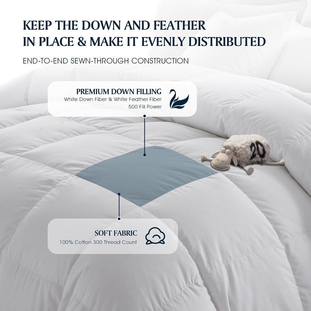 Down Fiber Comforter King-All Season Duvet Insert, Luxury Fluffy Bed Comforter 100% Cotton 300 Thread Count Shell