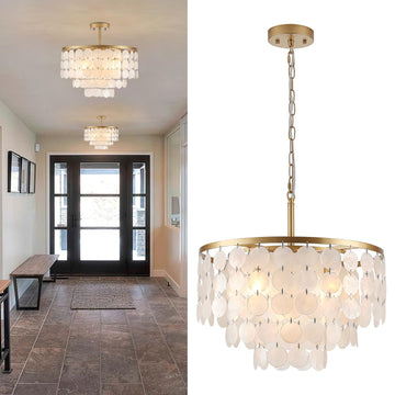 17.72" Capiz Shell Chandelier, 5 Light Dining Room Light Fixture, Gold