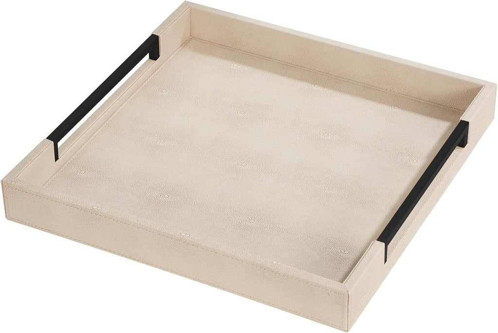 Sagala 16"x16" Ivory Shagreen Leather Serving Tray with Handles for Ottoman Coffee Table, Stylish Decorative Tray