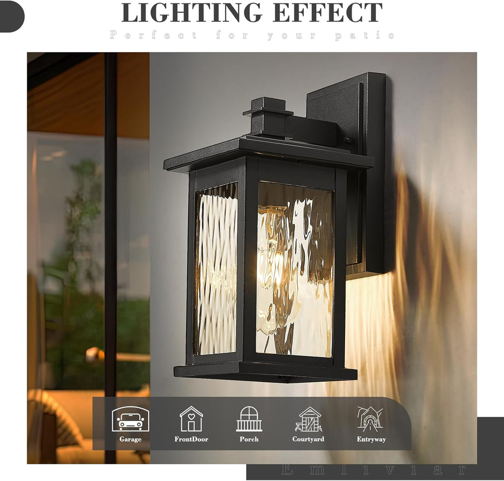 2-Pack Farmhouse Outdoor Wall Lights, 12 Inch Exterior Lights Fixture for House, Black Finish with Water Ripple Glass