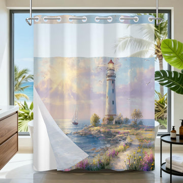 Beach No Hook Shower Curtain and Liner Set, Seaside Lighthouse Pattern Shower Curtain No Hooks with Snap in Liner