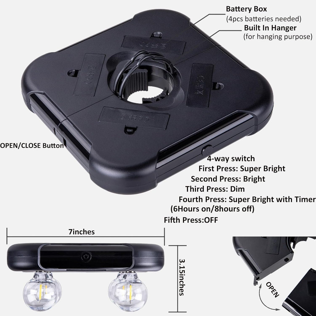 Battery Operated Patio LED Umbrella Light with G40 Bulbs, 3 Brightness Cordless Umbrella Pole Lights Tents