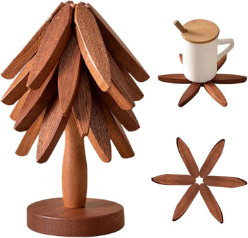 Natural Foldable Black Walnut Wooden Trivet Set - 4 Trivets + 1 Stand for Hot Dishes, Pot, Bowl, Teapot, Hot Pot