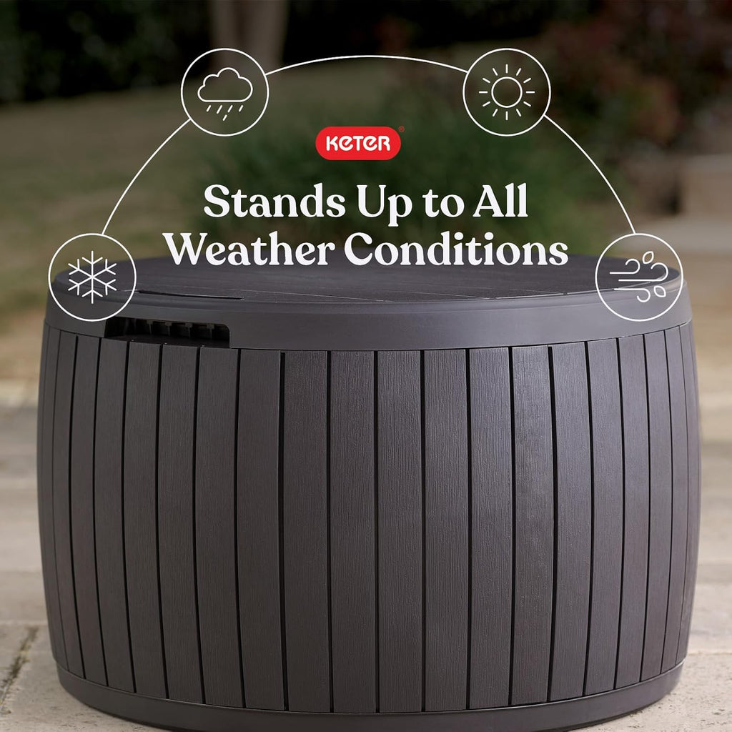 Circa 37 Gallon Deck Box Organizer, Works as Ottoman Chair or Side Table, Brown - Large Resin Round Outdoor Storage