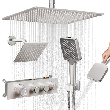 Shower System Brass Thermostatic Shower Faucet Set With Valve and Diverter Shower Mixer With Rain Head and Handheld