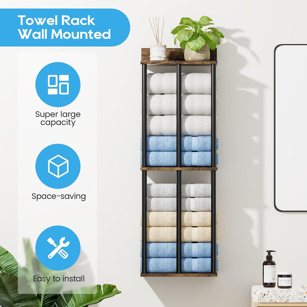 Towel Racks Wall Mounted with Wooden Storage Shelf | Updated 3 Bar Metal Towel Holder for Rolled Towels, Sturdy and