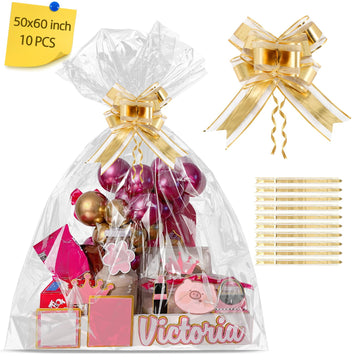 10 Pcs Jumbo Huge Cellophane Gift Bags 50x60 Inch Extra Large Cellophane Wrap Clear Gift Basket Wrap with 10 Gold
