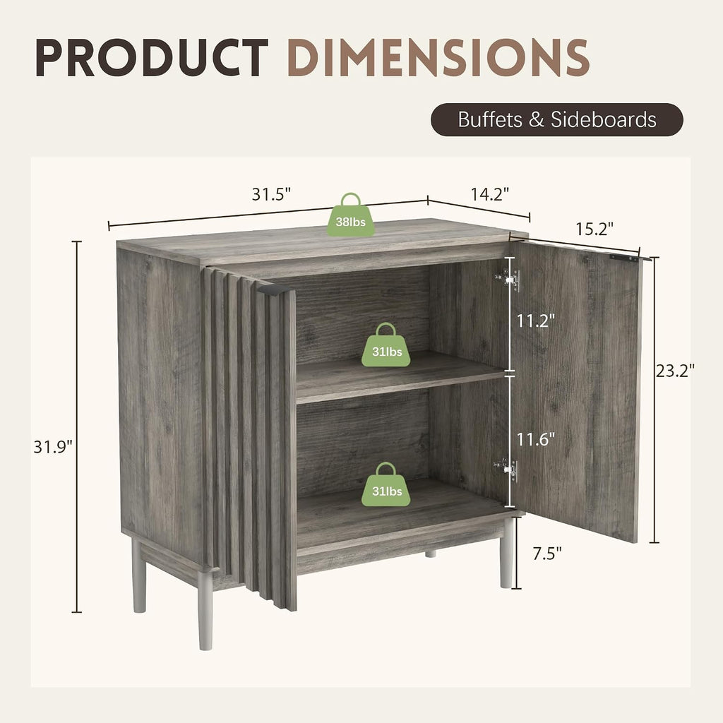 Fluted Cabinet with Storage, Small Buffet Cabinet Sideboard with Door, Kitchen Buffet Storage Accent Cabinets with