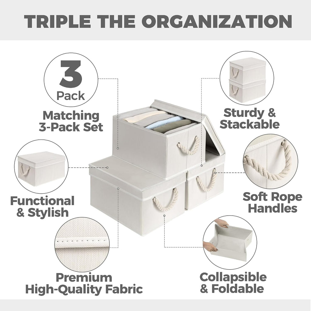 Set of 3 Fabric Bins for Organization - Foldable & Stackable With Lid & Rope Handles - Collapsible Fabric Storage