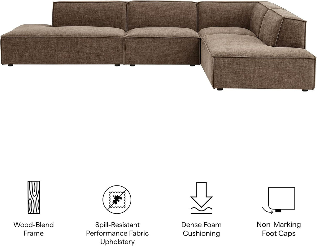 Restore Performance Fabric Upholstered 4-Piece Modular L-Shaped Armless Sectional Sofa in Mocha - Low Profile Couch