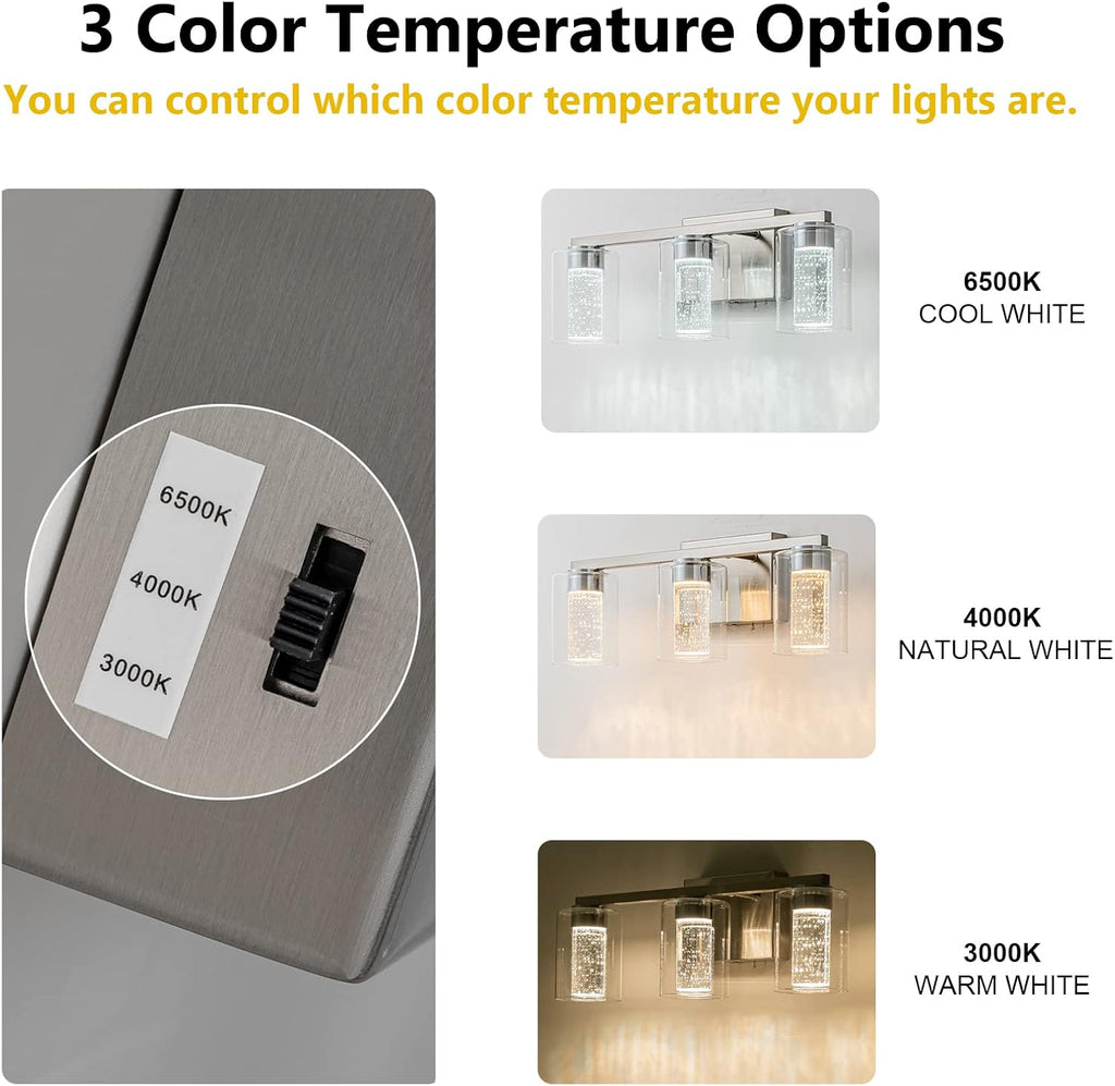 3-Light Brushed Nickel Vanity Light with 3 Color Modes (3000K/4000K/6000K), Eye Protection LED Bathroom Light