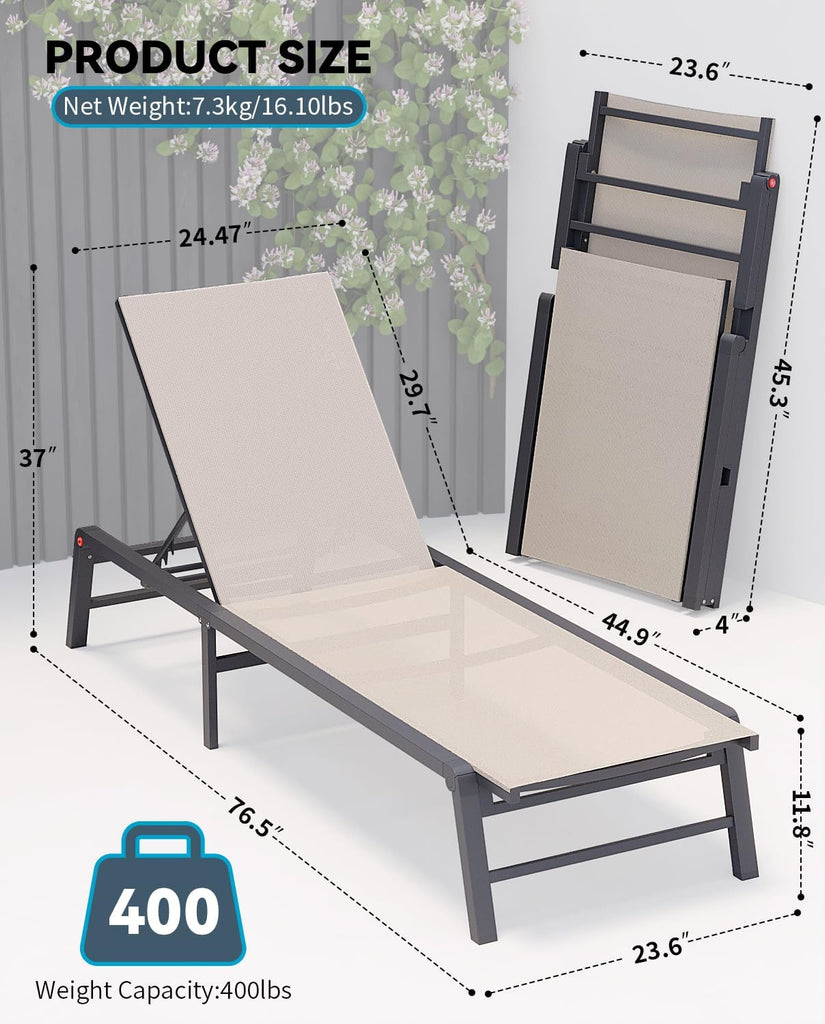 Aluminum Chaise Lounge Chair Outdoor, Foldable Patio Lounge Chair 2 Sets Assemble-Free, Pool Lounge Chairs with 5