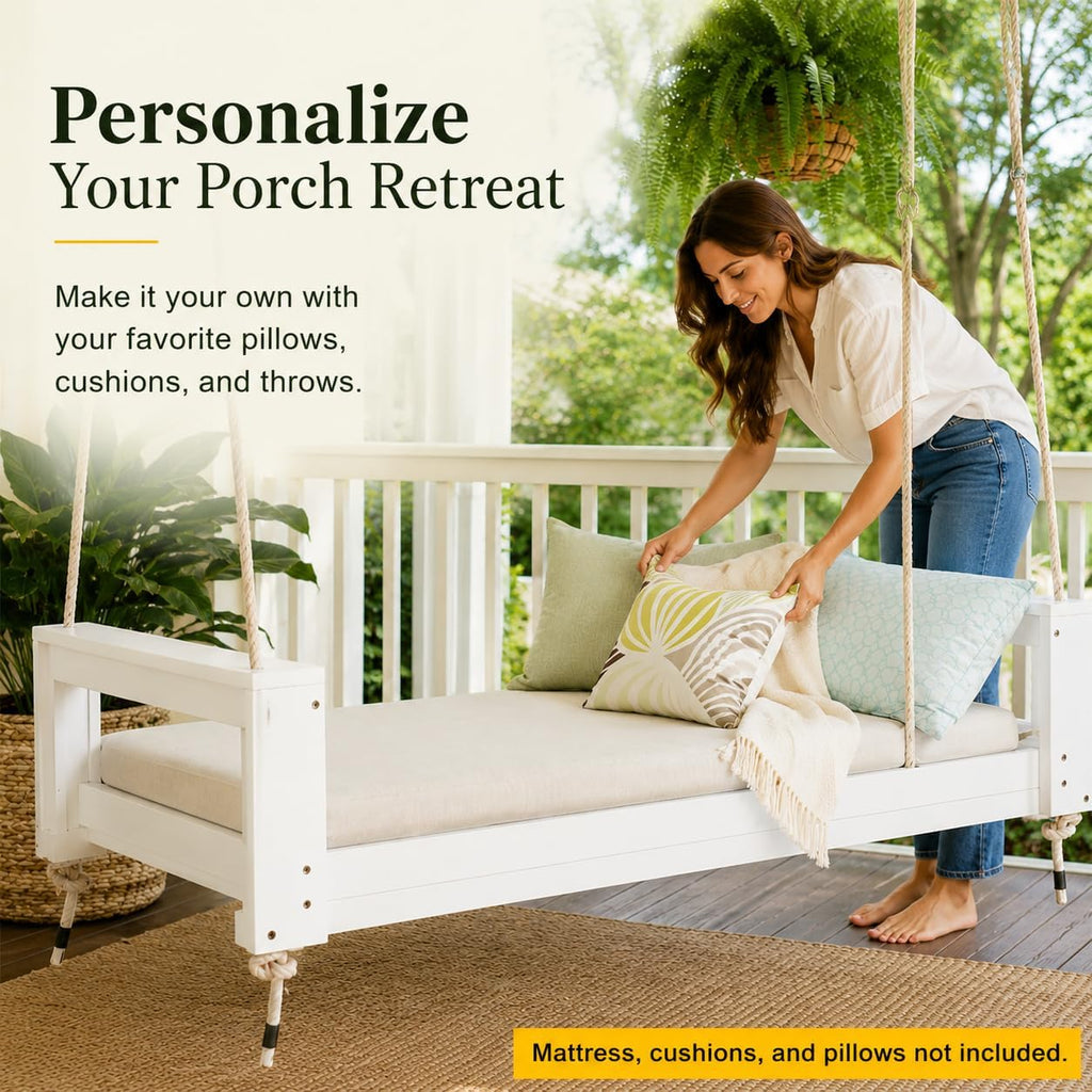 Twin Size Porch Swing Bed, Acacia Wood Outdoor Hanging Daybed Swing with 4 Hemp Ropes and Rope Clips, Wooden Patio
