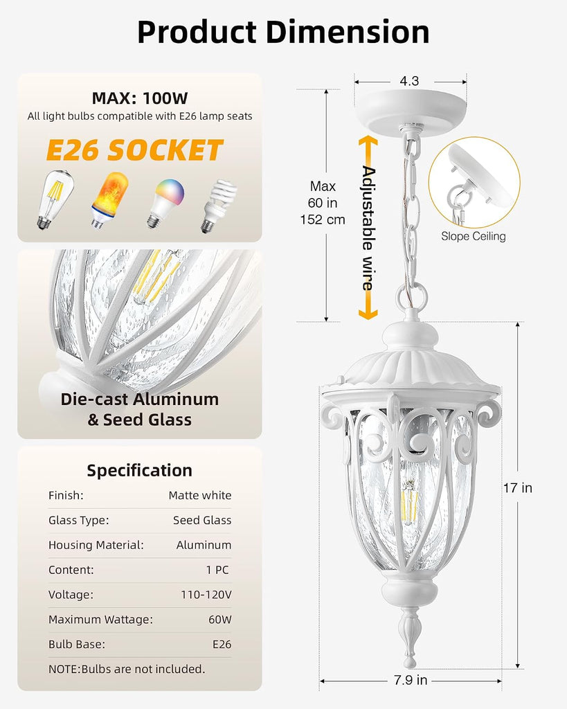 Outdoor Pendant Light Lantern, White Modern Outdoor Chandelier, Handcrafted Hanging Outdoor Lights with Seed Glass