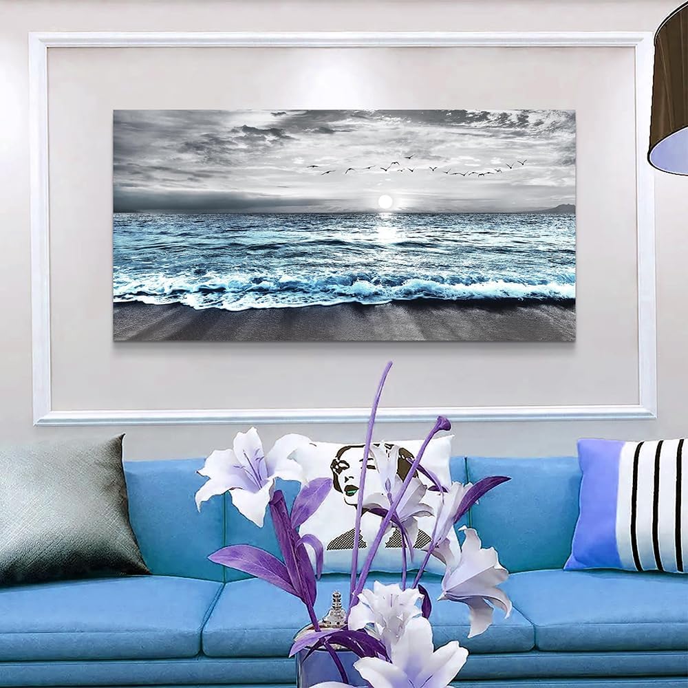 Large Canvas Wall Art Decor - Black & White Blue Sea Wave Pictures - Framed Beach Posters