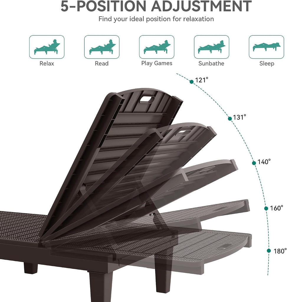 Outdoor Chaise Lounge Chair, Plastic Pool Chaise Lounge with 5-Position Backrest, Easy Assembly & Waterproof &