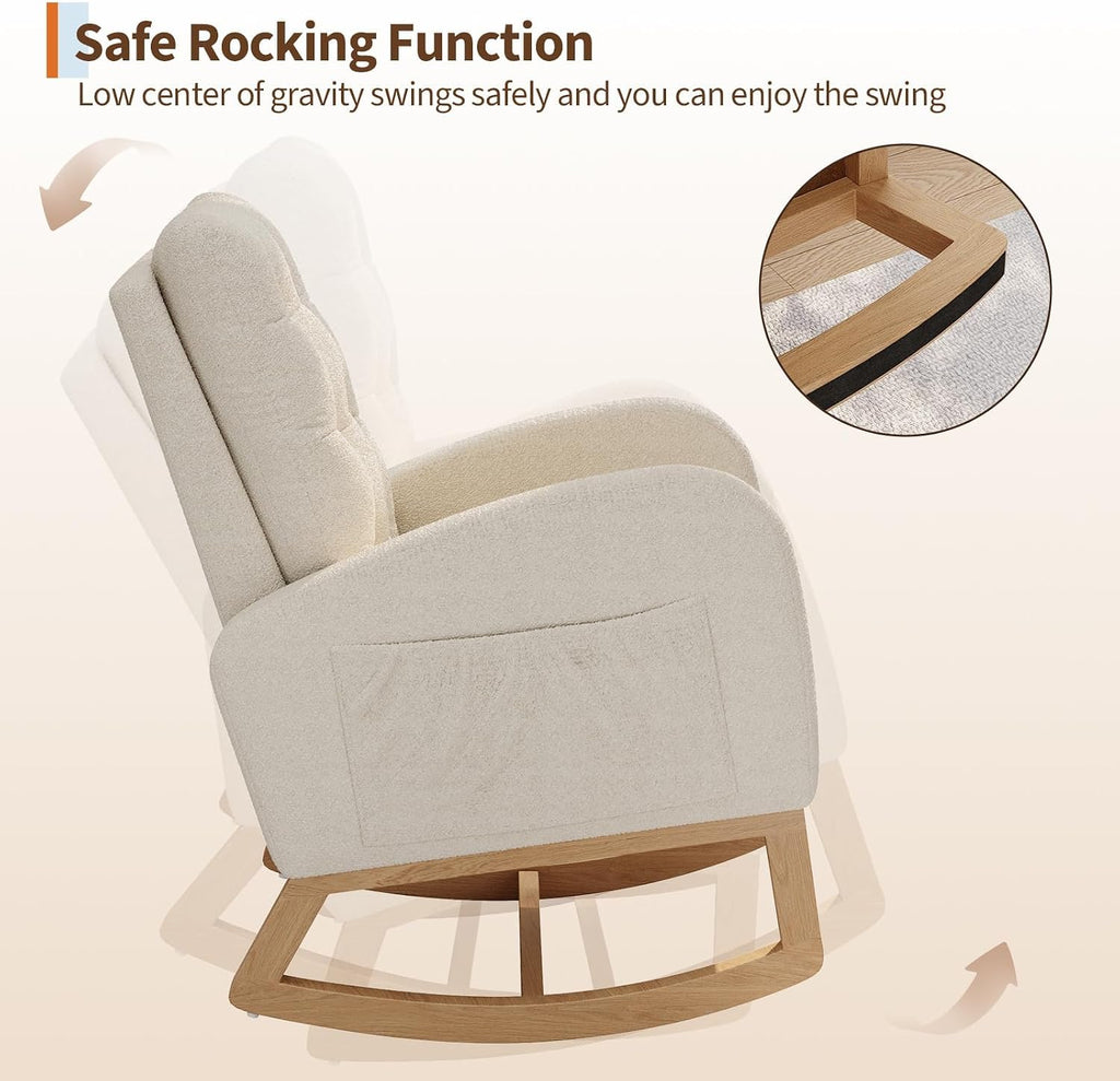 Modern Rocking Chair -Beige | Comfortable Recliner Rocker with Side Pocket, Soft Linen Upholstered Glider Chair