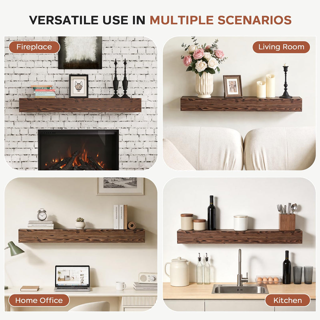 60" Rustic Fireplace Mantel, Solid Wood Floating Shelf, Walnut