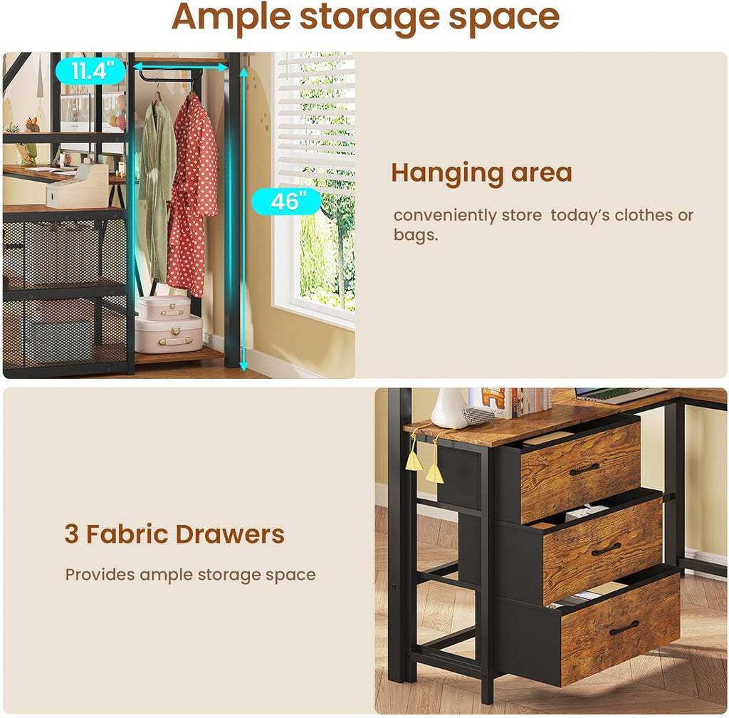 Stairway Twin Loft Bed with L Shaped Desk and Wardrobe, Metal Loft Bed Frame with Storage Stairs, 3 Fabric Drawers