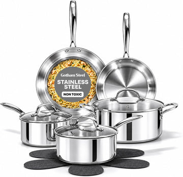 10 Pcs Tri Ply Stainless Steel Cookware Set, Pots and Pans Set with Induction Bottom, Made Without PTFE PFOA PFOS