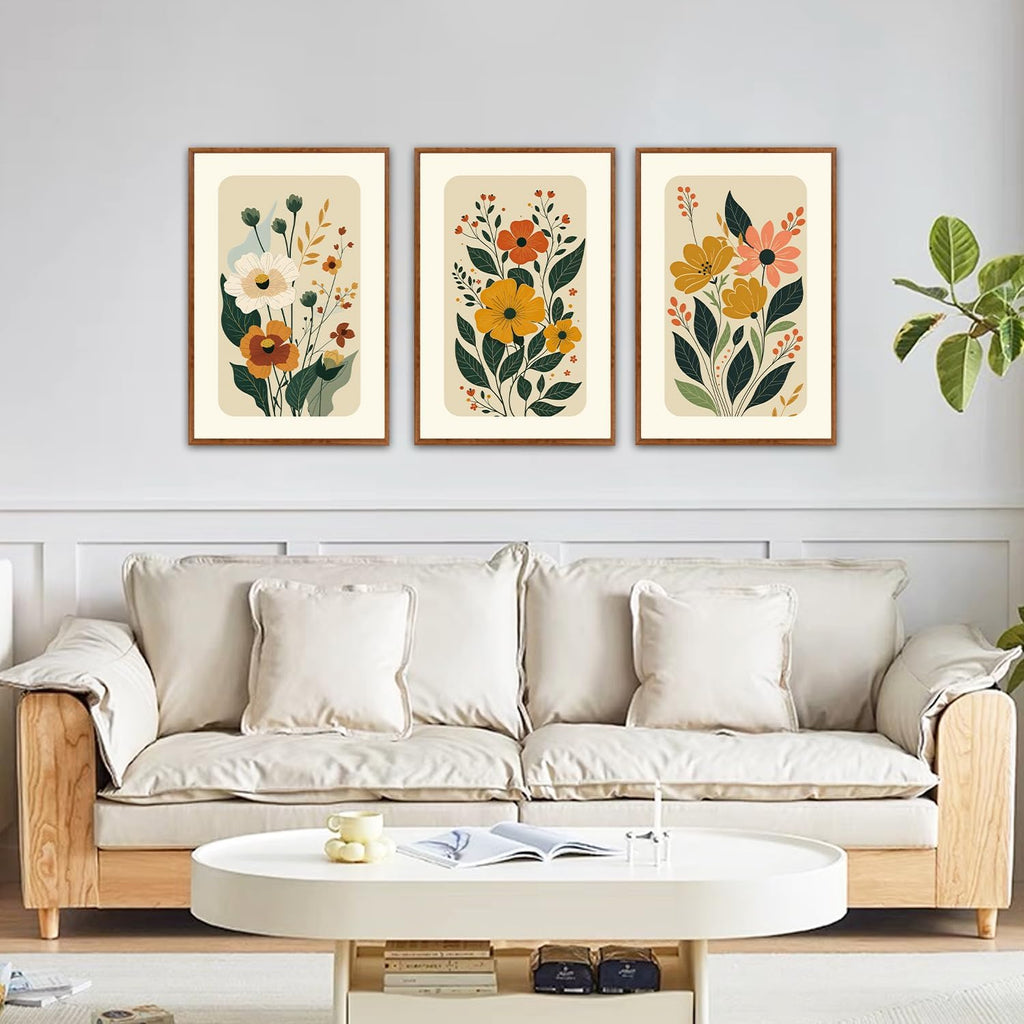 Boho Floral Botanical Framed Canvas Wall Art Set,Abstract Vintage Beige Wall Decor,Minimalist Wildflowers Artwork
