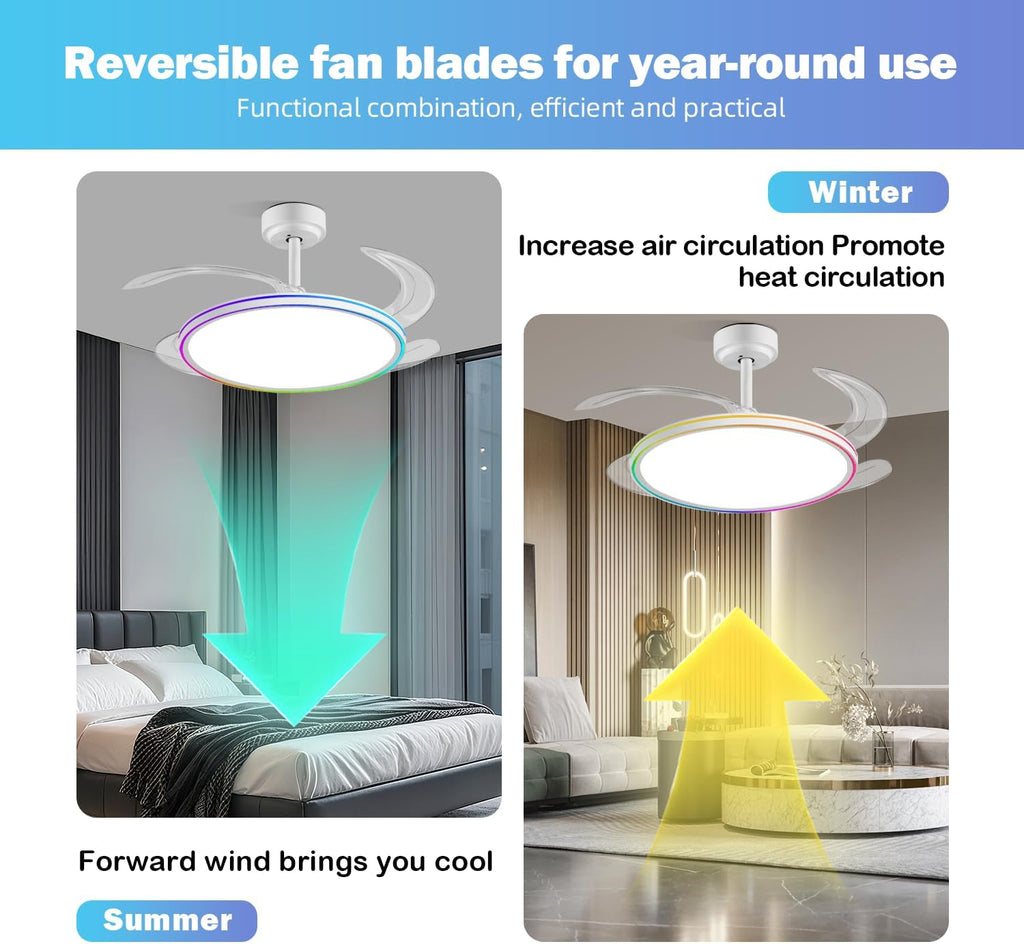 RGB Retractable Ceiling Fan with Light, APP/Remote Control
