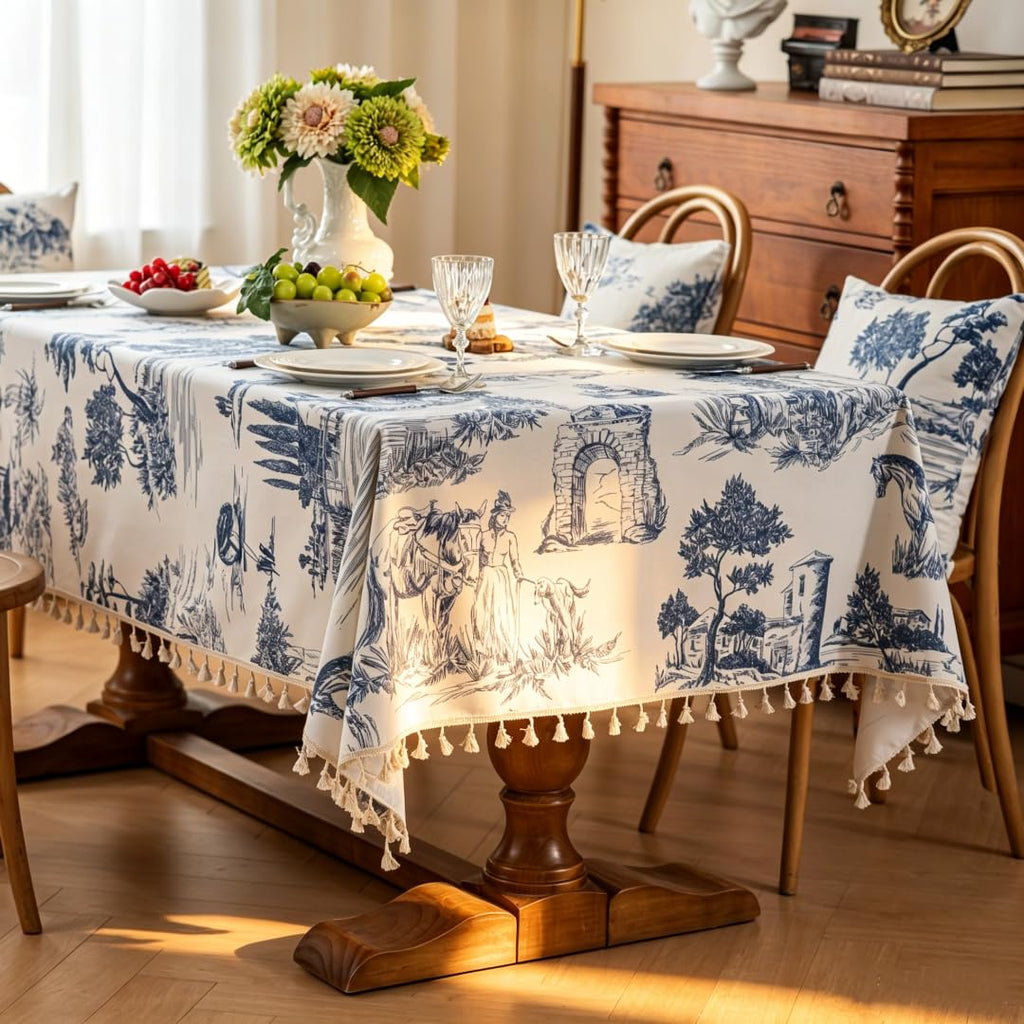 Retro Blue White Toile De Jouy Printed Rectangular Tablecloth, Premium Cotton Linen Table Cover with Complete Edge
