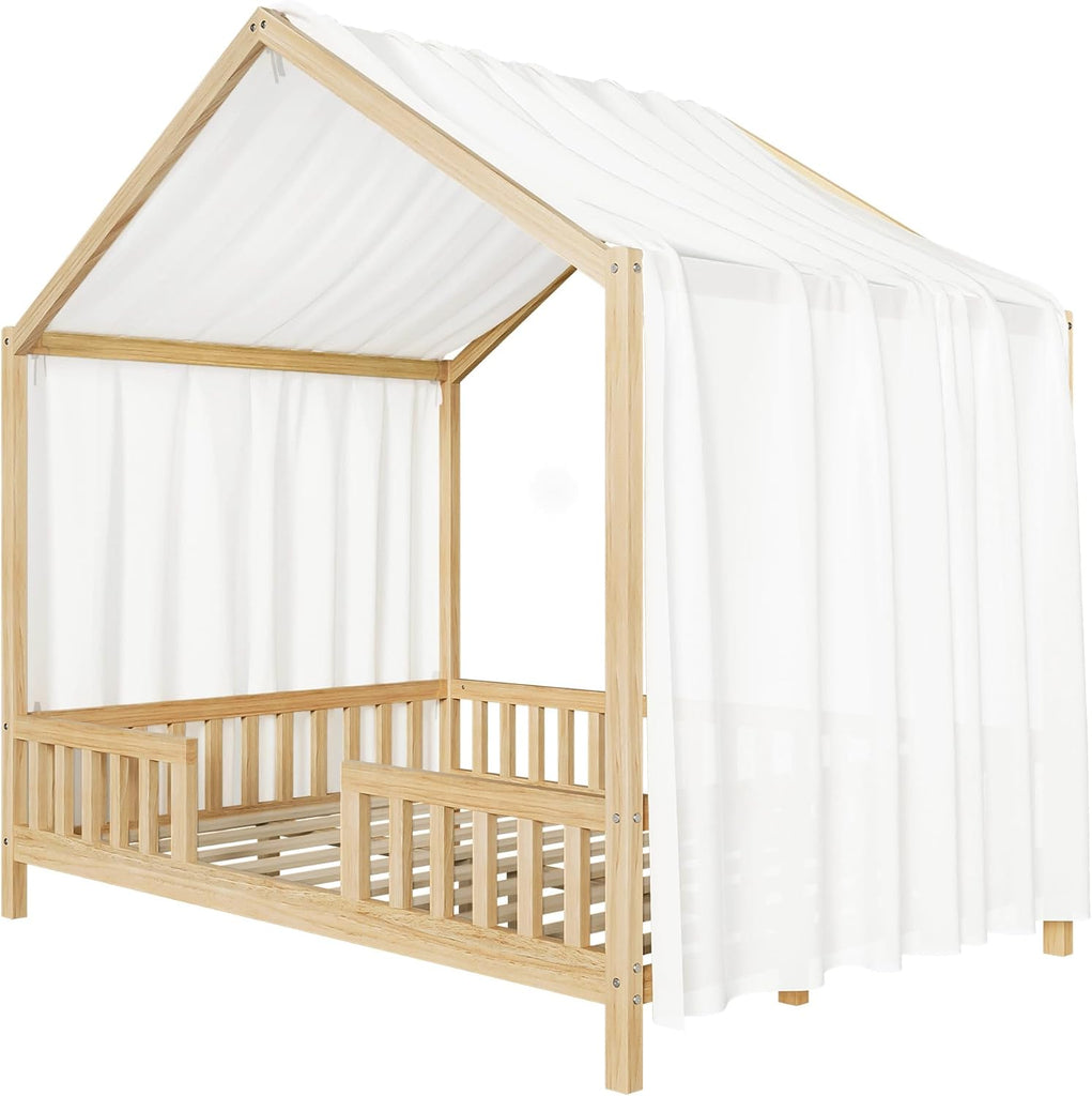 Full Size Montessori Toddler Floor Bed with Canopy and Roof,Wooden House Beds Frame for Kids,Montessori Floor Bed