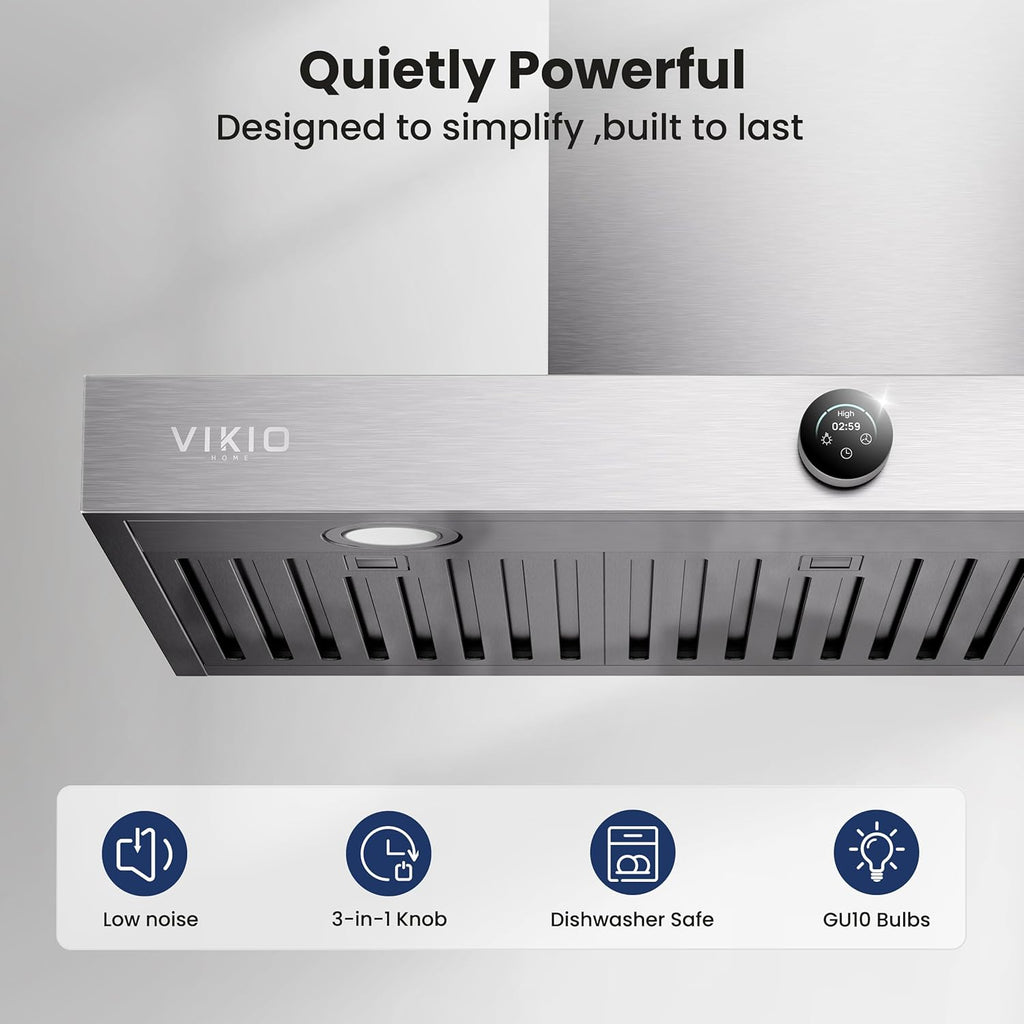 30 Inch Stainless Steel Wall Mount Range Hood 1200 CFM Low Noise Touch & Knob Control Baffle Filters, Convertible Ducted/Ductless Duct Cover Included