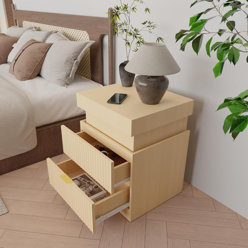 Wooden Nightstand with Charging Station & LED Lights, Modern Fluted Bedside Table with Sliding Top & Drawers