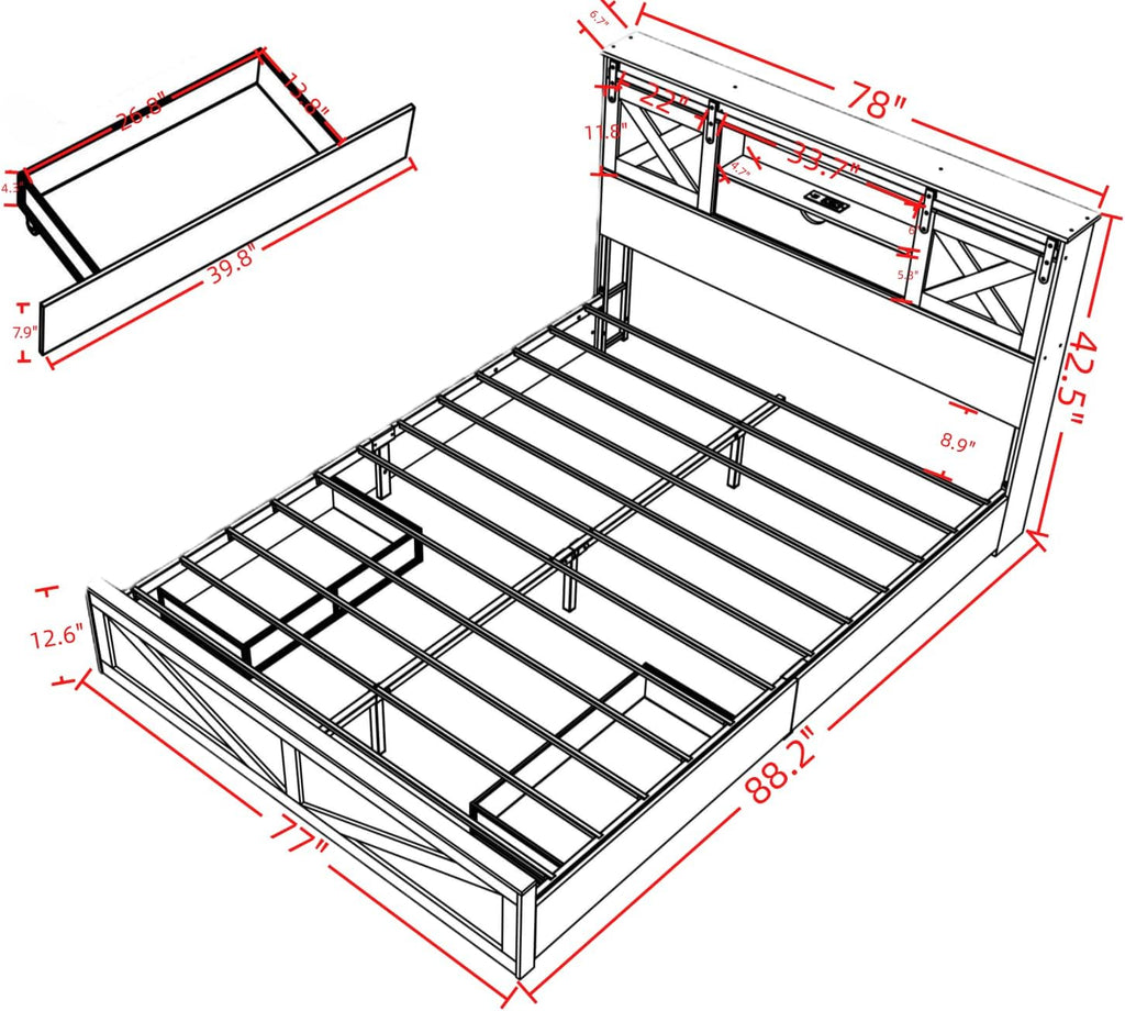 Farmhouse King Bed Frame with Sliding Barn Door Storage Headboard, LED Light and Charging Station, Wood Platform Bed