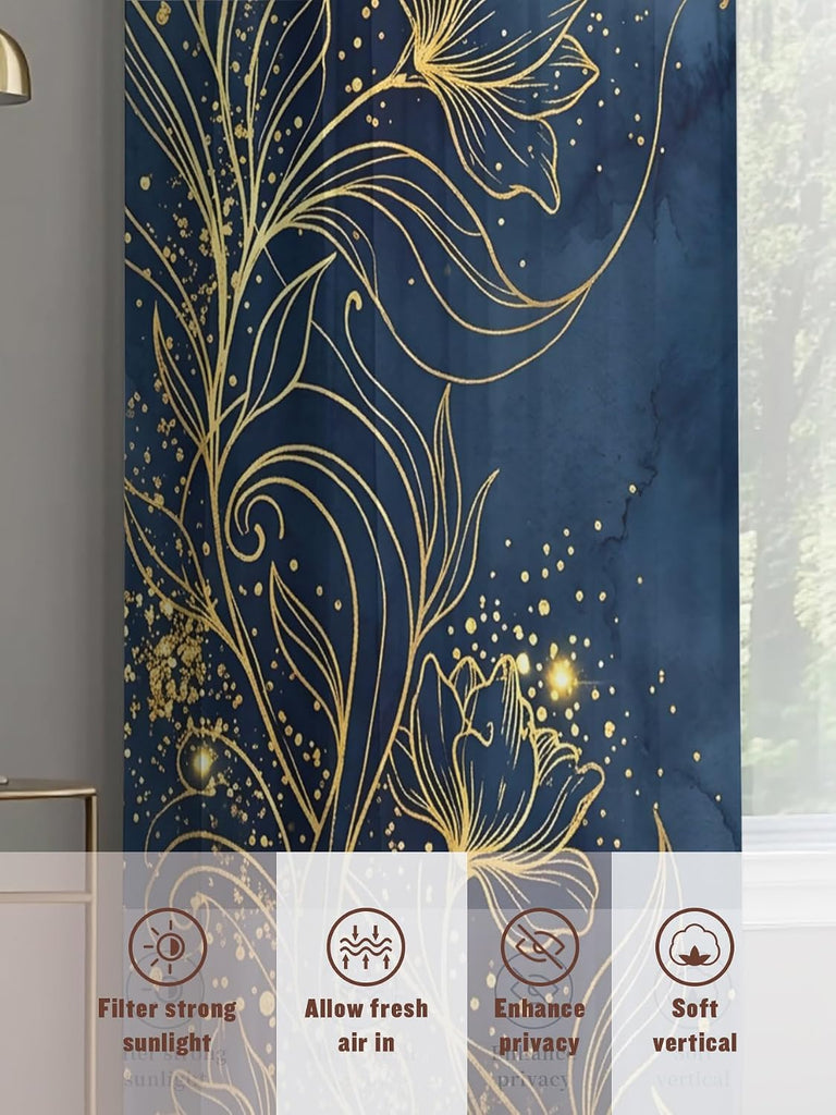 Luxury Floral Sheer Curtains Bedroom Blue Golden Lace Vintage Sheer Curtains 54 Inch Long 2 Panels Set Light