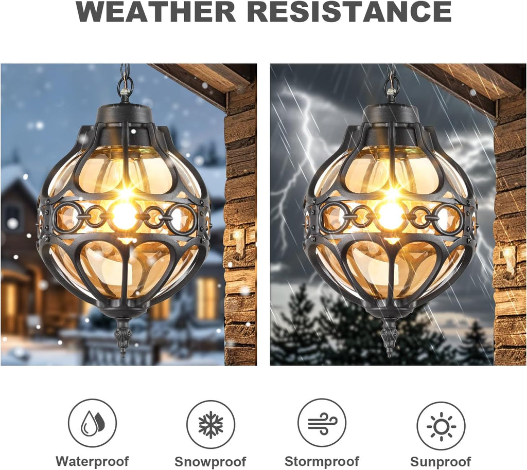 Globe Outdoor Pendant Lights for Porch Patio Entryway, Black Aluminum Anti-Rust Hanging Light Fixture